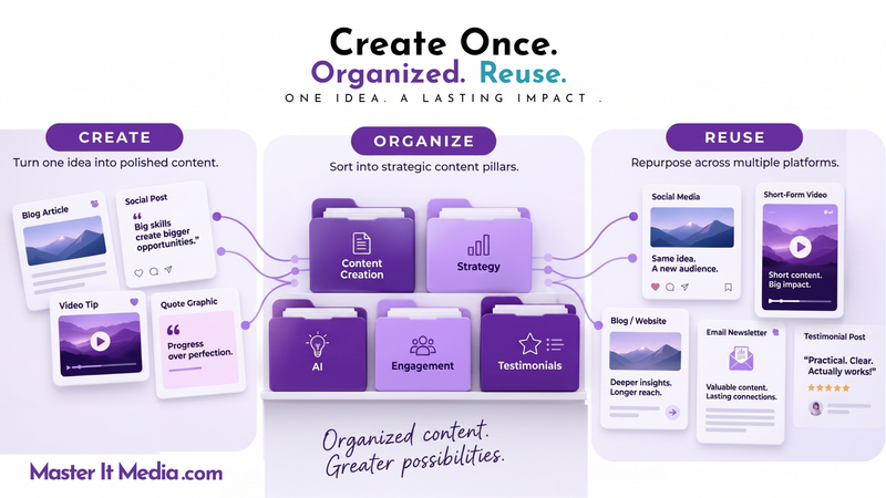 Master It Media graphic showing content cards moving from creation into organized folders labeled Content Creation, Strategy, AI, Engagement, and Testimonials, then being repurposed into social media, video, blog, email, and testimonial content.