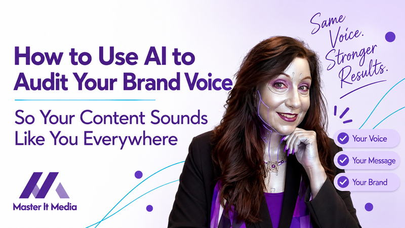 “How to Use AI to Audit Your Brand Voice,” featuring Maggie Carey with the message “Same Voice. Stronger Results.” and brand voice consistency across content.